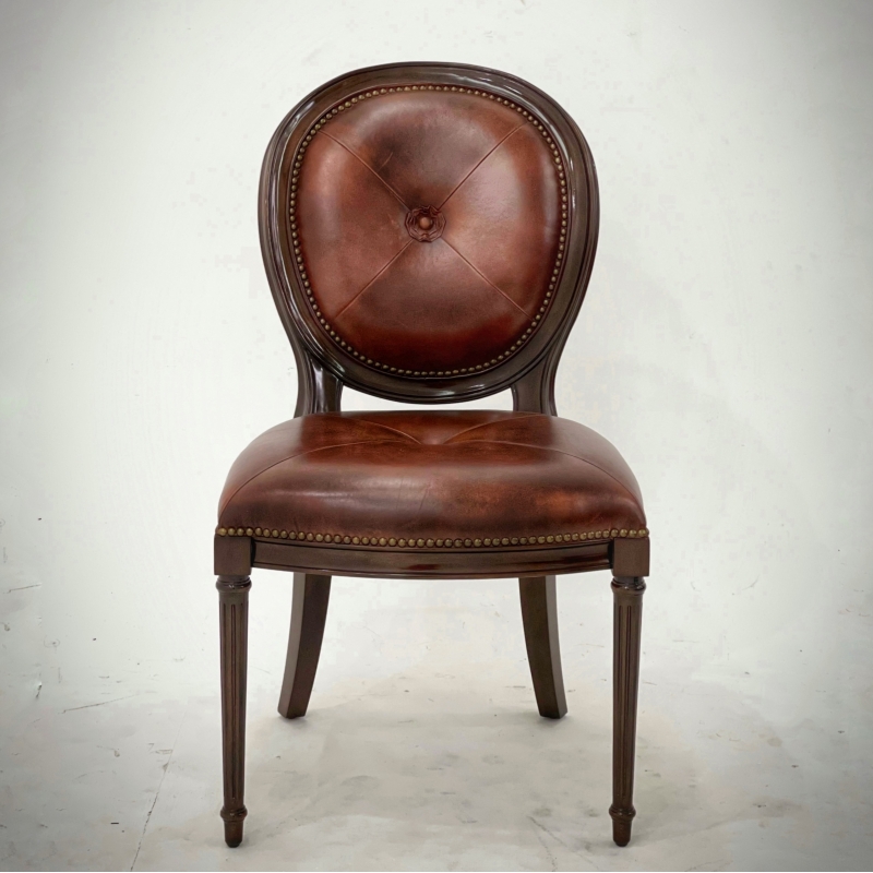 French Country Louis XVI Oval Back Leather Dining Chair