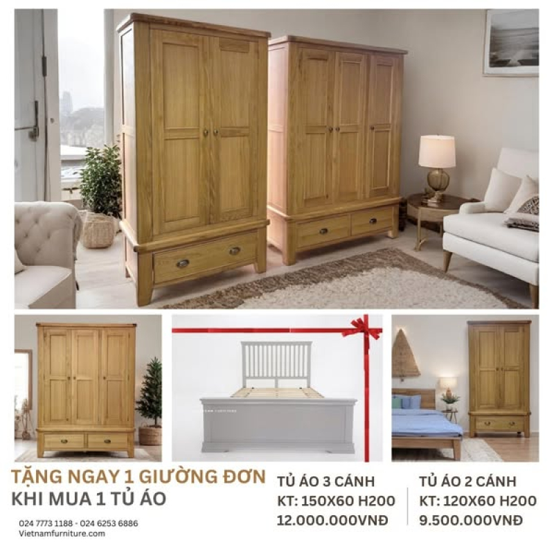 Combo tủ áo tặng giường 